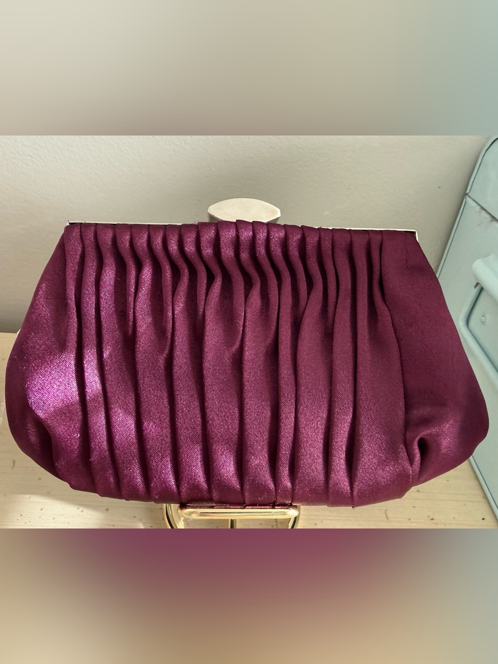 Carlo Fellini Plum Pleated Satin Rhinestone Clutch NWOT